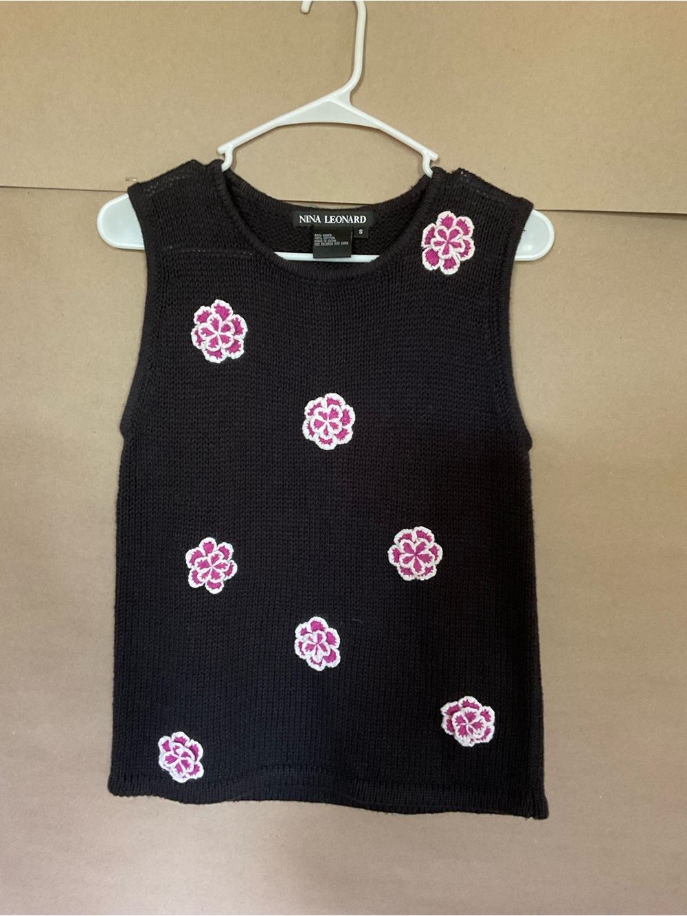 Nina Leonard Black Sleeveless Knit Top with Pink Floral Appliqués. Size S.